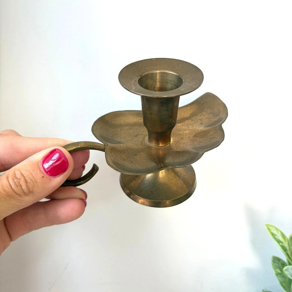 Vintage Brass Leaf Chamberstick Candle Holder Pair with Finger Loop Handle